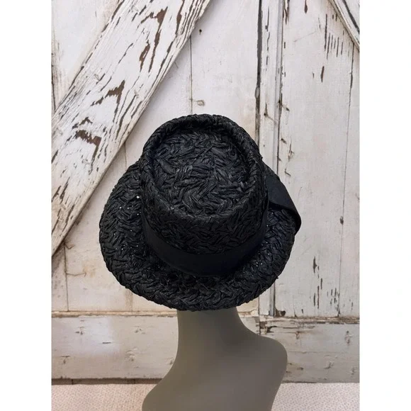 Vintage 1950's Parkridge Black Straw Hat Wide Brim Ribbon Band - Classic Style - Picture 3 of 4